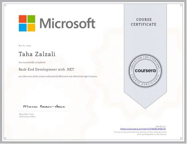 Certificate: Back-End Development with .NET by Coursera